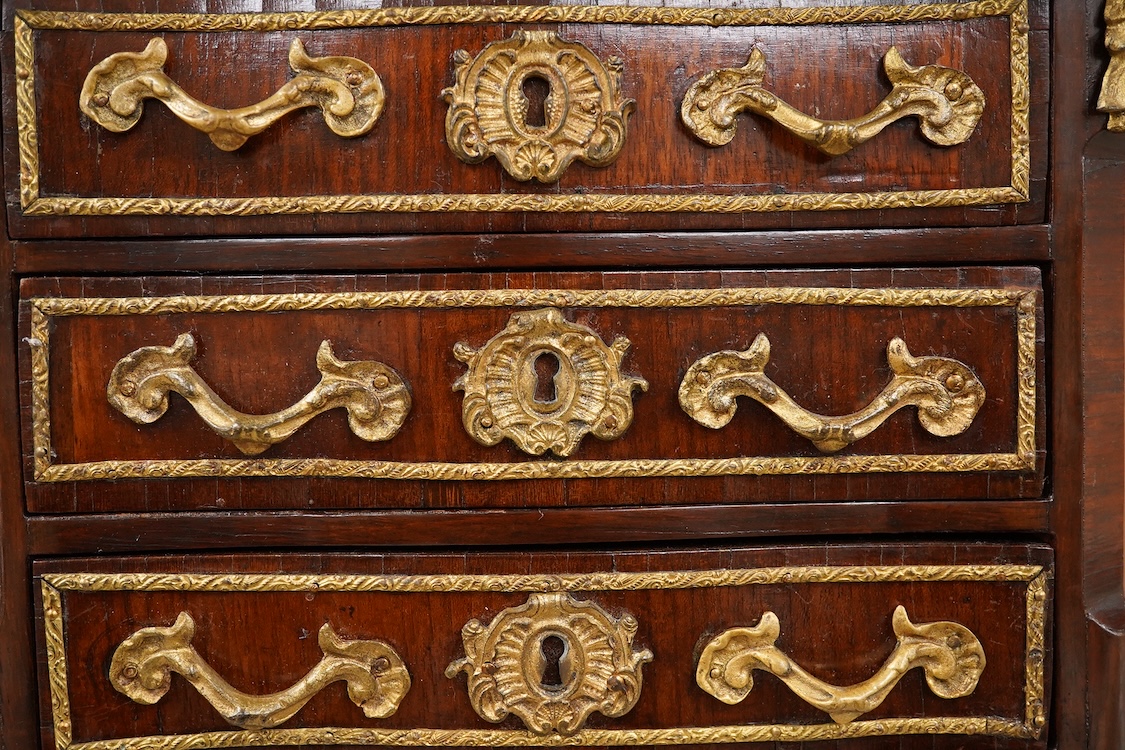 A 19th century French kingwood and gilt metal mounted miniature chest of drawers, 26cm wide x 24cm high